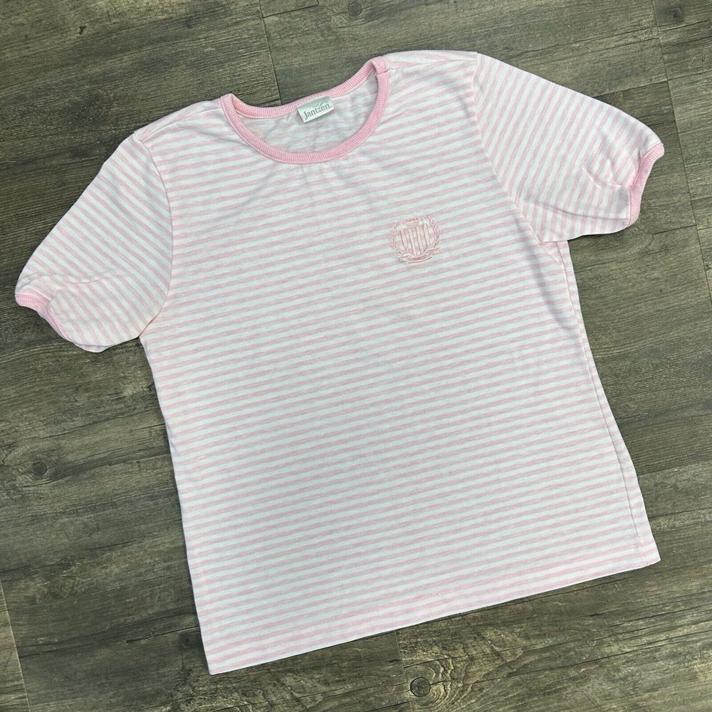 Vintage Jantzen Women Tshirt Size Large‎ Pink Striped Made In USA (69)